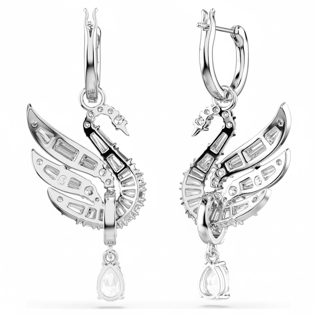 Swarovski Swan earrings, White, Rhodium plated -Swarovski