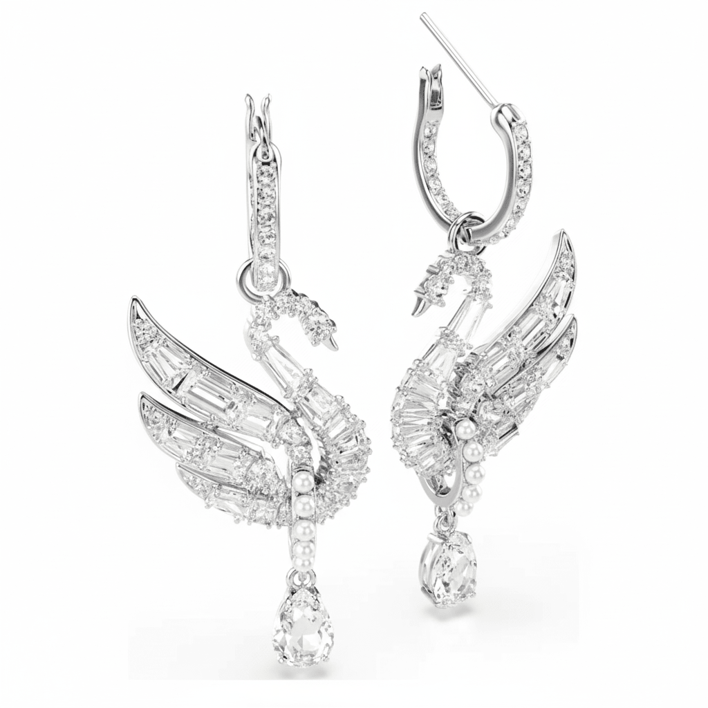 Swarovski Swan earrings, White, Rhodium plated -Swarovski