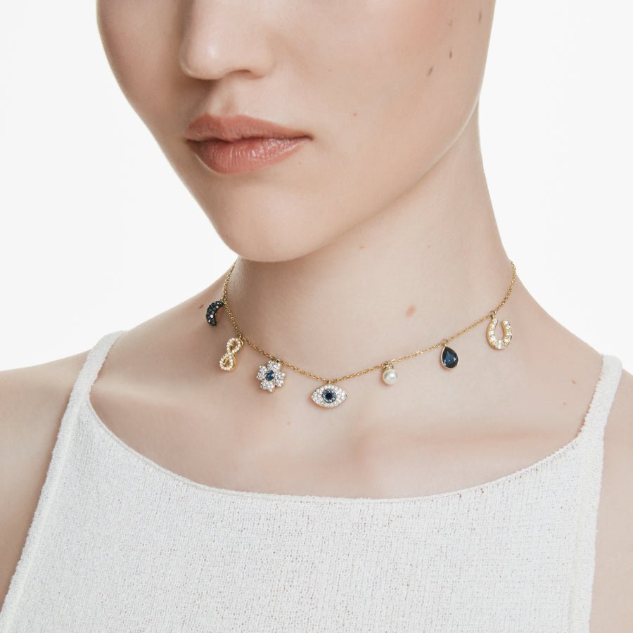Swarovski Symbolica Choker, Moon, Infinity, Clover, Evil Eye and horseshoe, Blue, Gold-tone Plated -Swarovski
