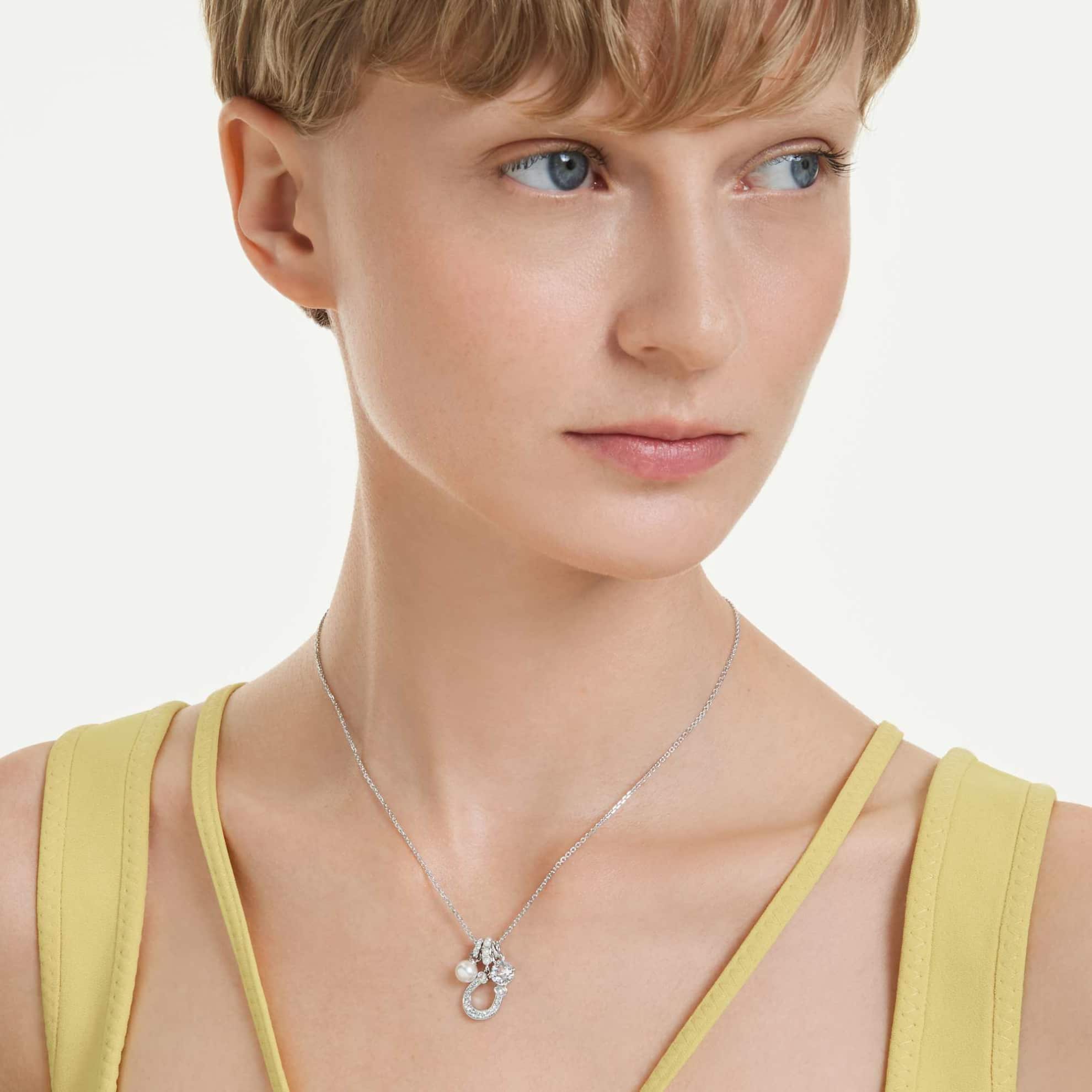 Swarovski Symbolica Pendant, Crystal pearl, Round cut, Pavé, Horse shoe, White, Rhodium plated -Swarovski