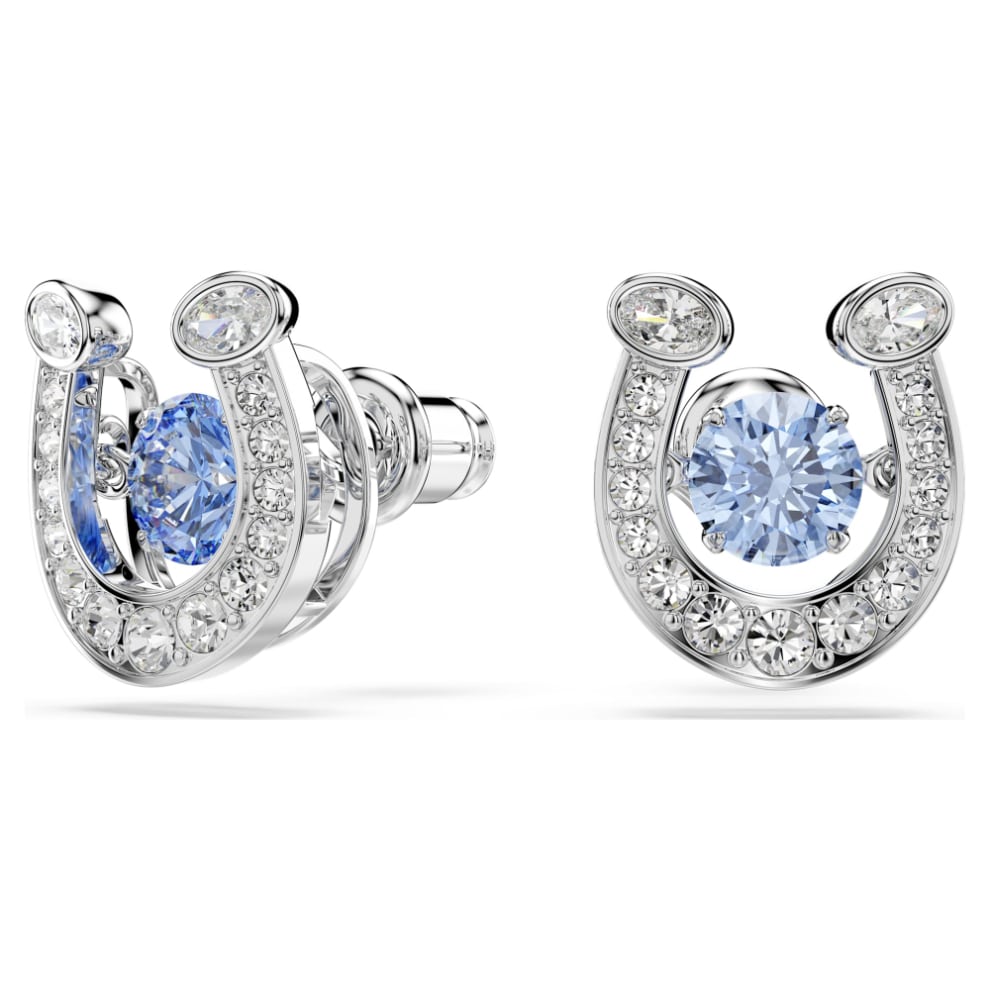 Swarovski Symbolica stud Earrings, Round cut, Pavé, Horse shoe, Blue, Rhodium plated -Swarovski
