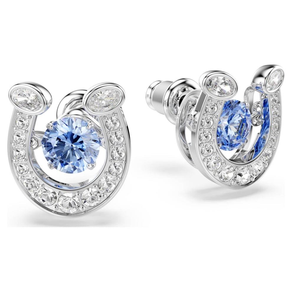 Swarovski Symbolica stud Earrings, Round cut, Pavé, Horse shoe, Blue, Rhodium plated -Swarovski