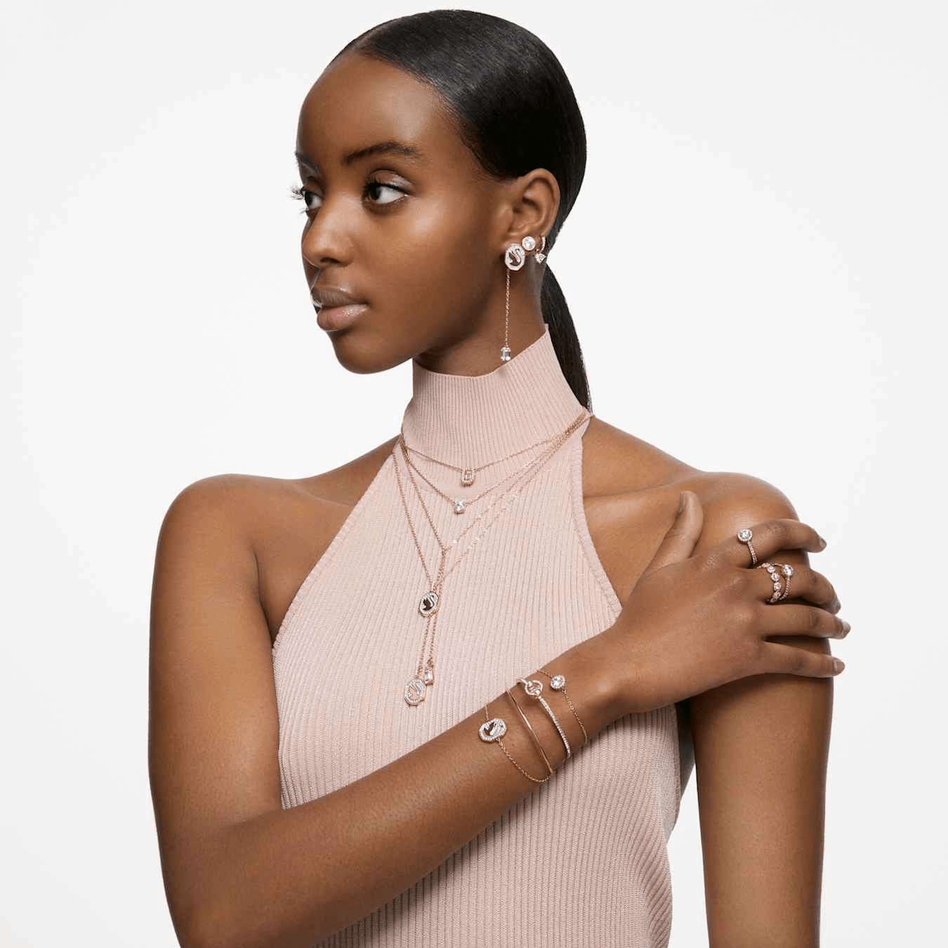 Swarovski Una Angelic cocktail ring Round cut, Pavé, White, Rose gold-tone plated -Swarovski