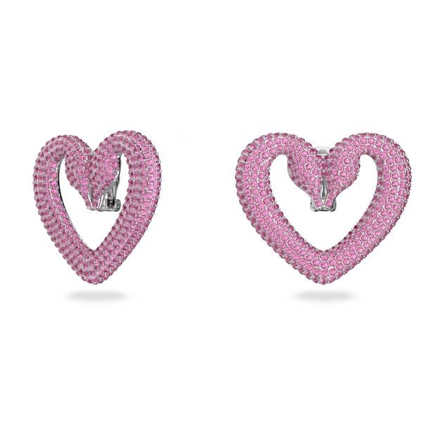Swarovski Una Clip Earrings Heart, Large, Pink, Rhodium Plated -Swarovski