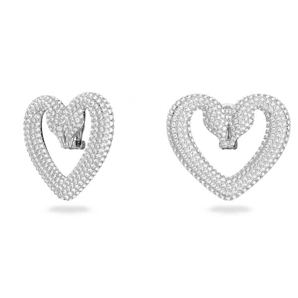 Swarovski Una Clip Earrings Heart, Large, White, Rhodium Plated -Swarovski