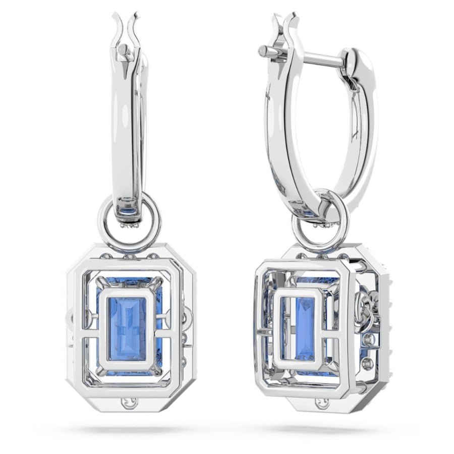 Swarovski Una drop earrings Octagon cut, Blue, Rhodium plated -Swarovski