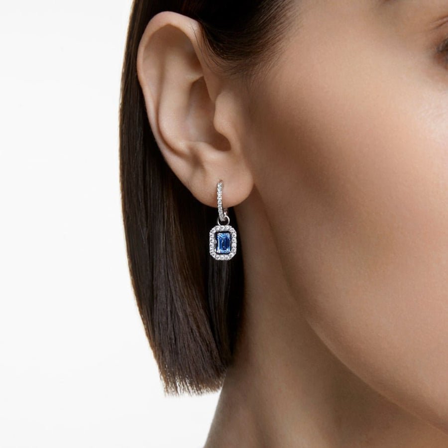 Swarovski Una drop earrings Octagon cut, Blue, Rhodium plated -Swarovski