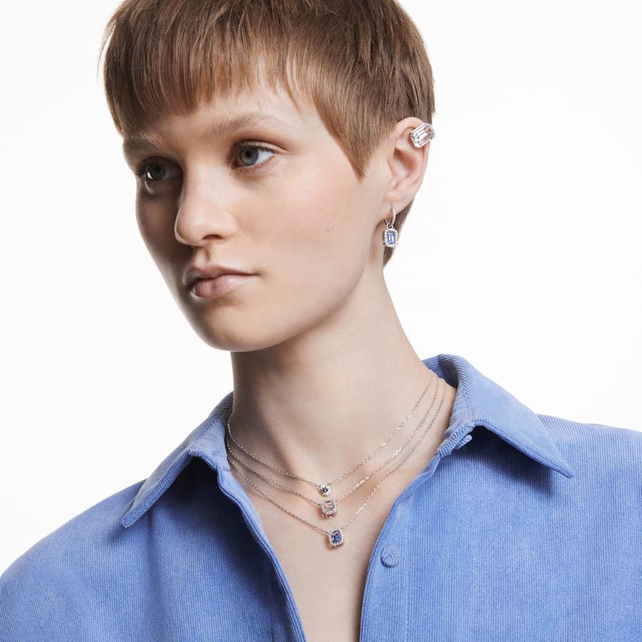 Swarovski Una drop earrings Octagon cut, Blue, Rhodium plated -Swarovski