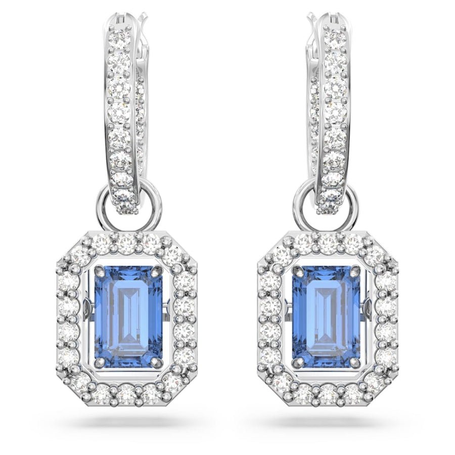 Swarovski Una drop earrings Octagon cut, Blue, Rhodium plated -Swarovski