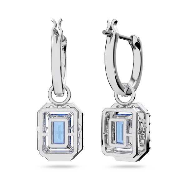 Swarovski Una drop earrings Octagon cut, Blue, Rhodium plated -Swarovski