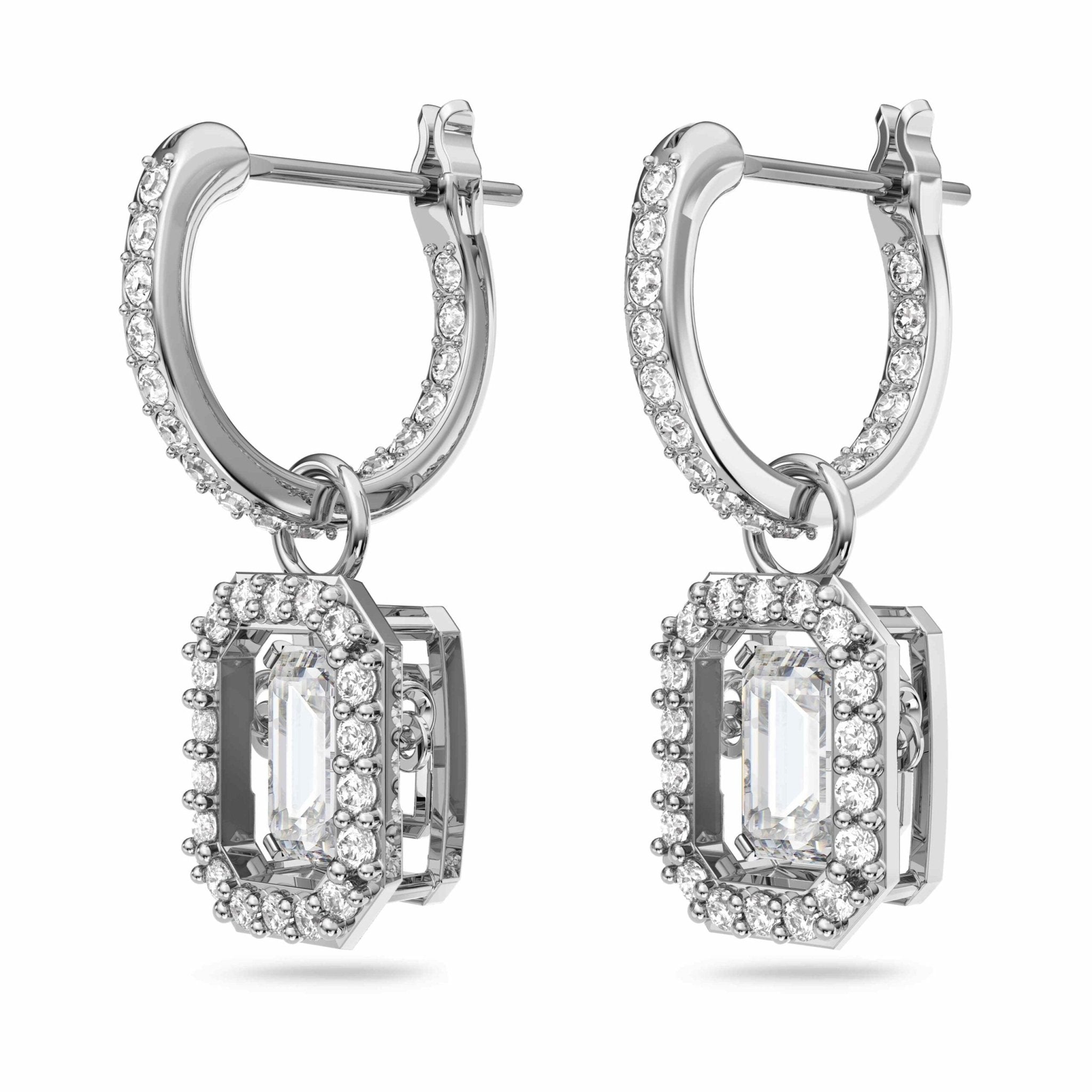 Swarovski Una drop earrings Octagon cut, White, Rhodium plated -Swarovski