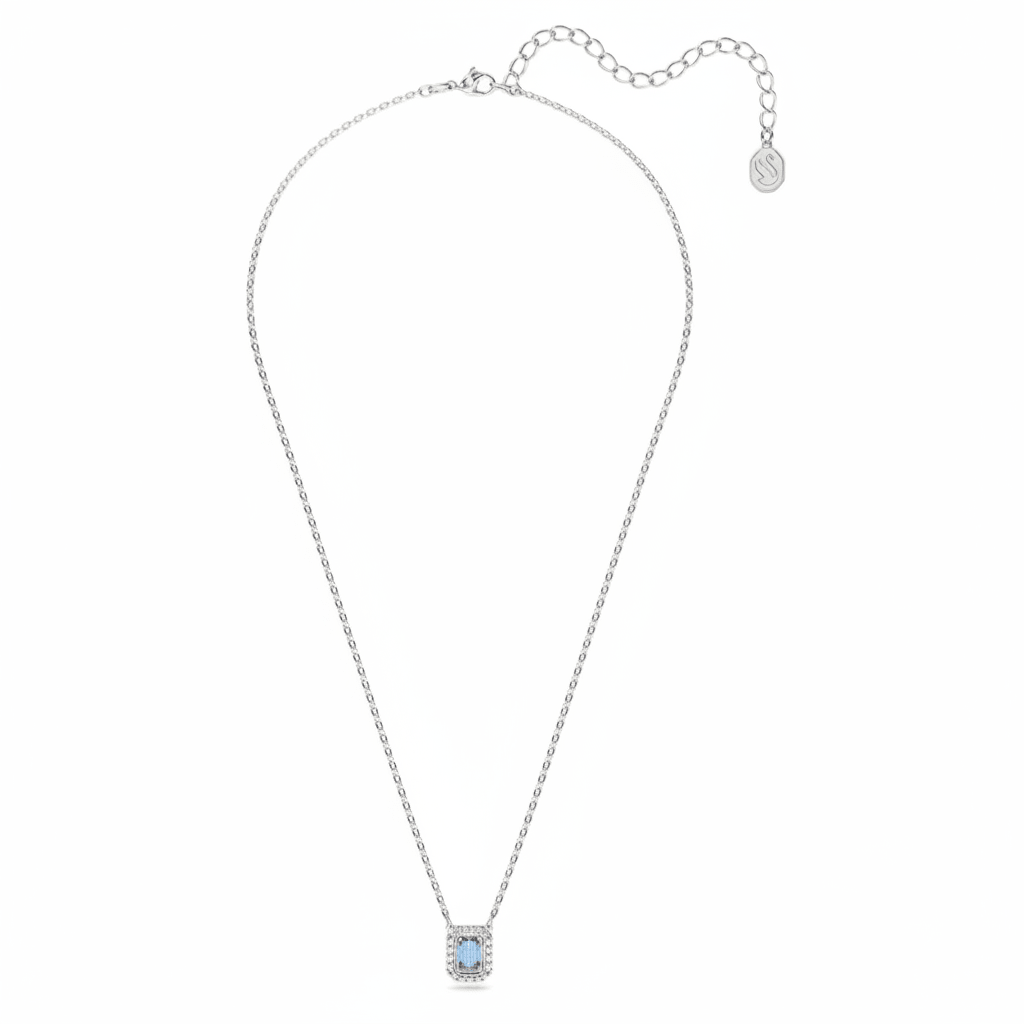Swarovski Una necklace Octagon cut, Blue, Rhodium plated -Swarovski