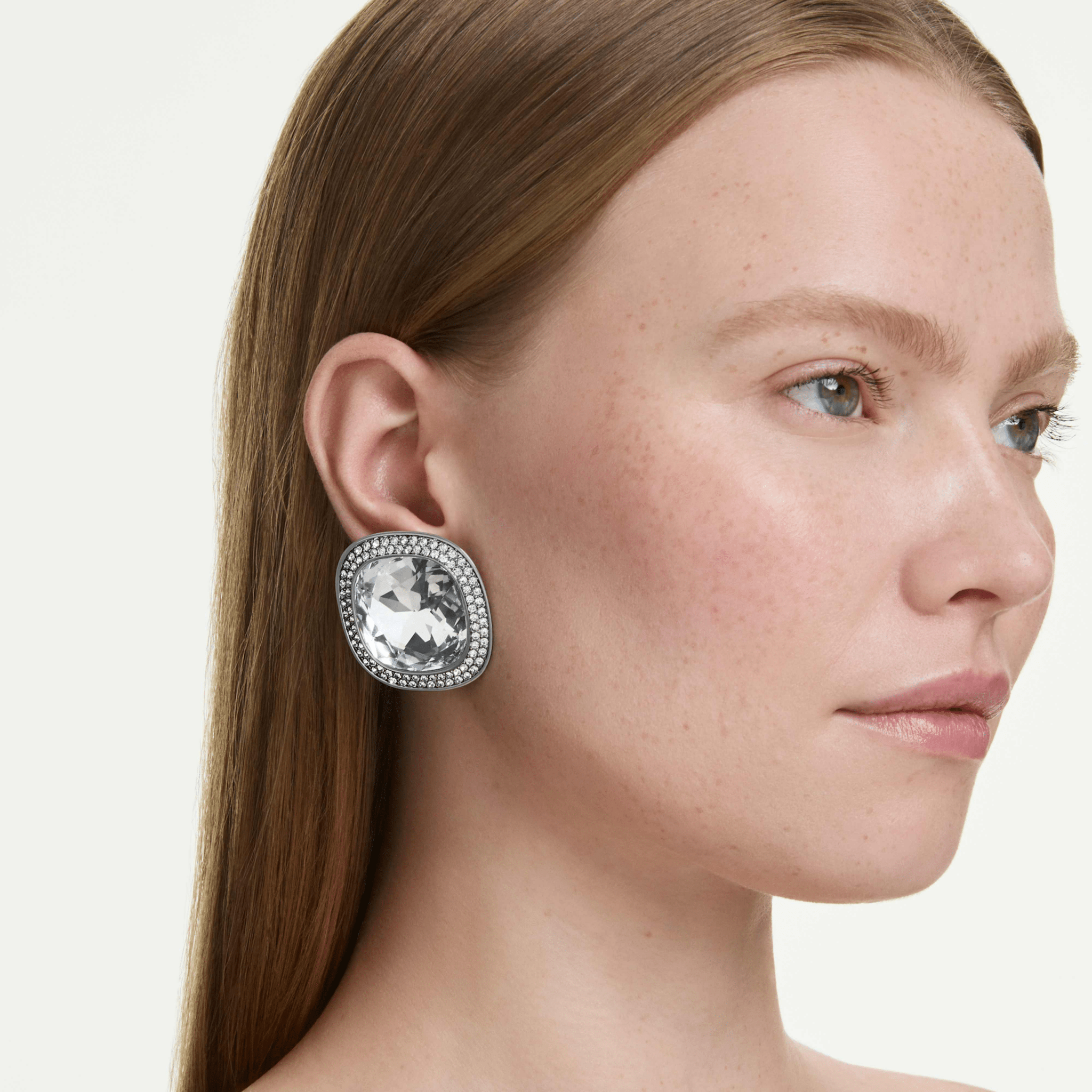 Una Angelic clip earrings, Cushion cut, White, Ruthenium plated -Swarovski