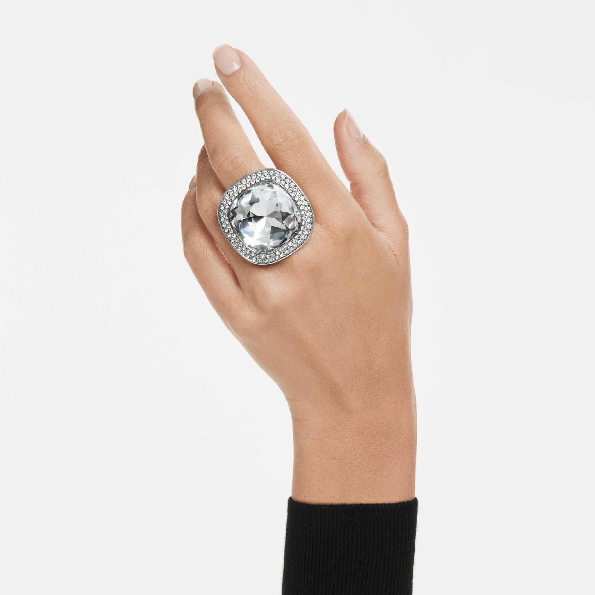 Una Angelic cocktail ring, Cushion cut, White, Ruthenium plated -Swarovski