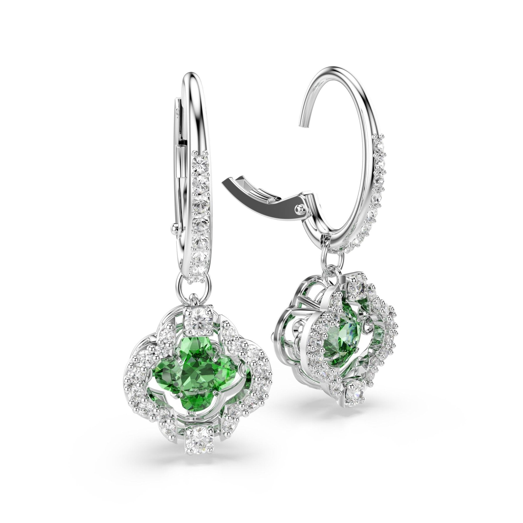 Una Angelic drop earrings, Mixed cuts, Green, Rhodium plated -Swarovski