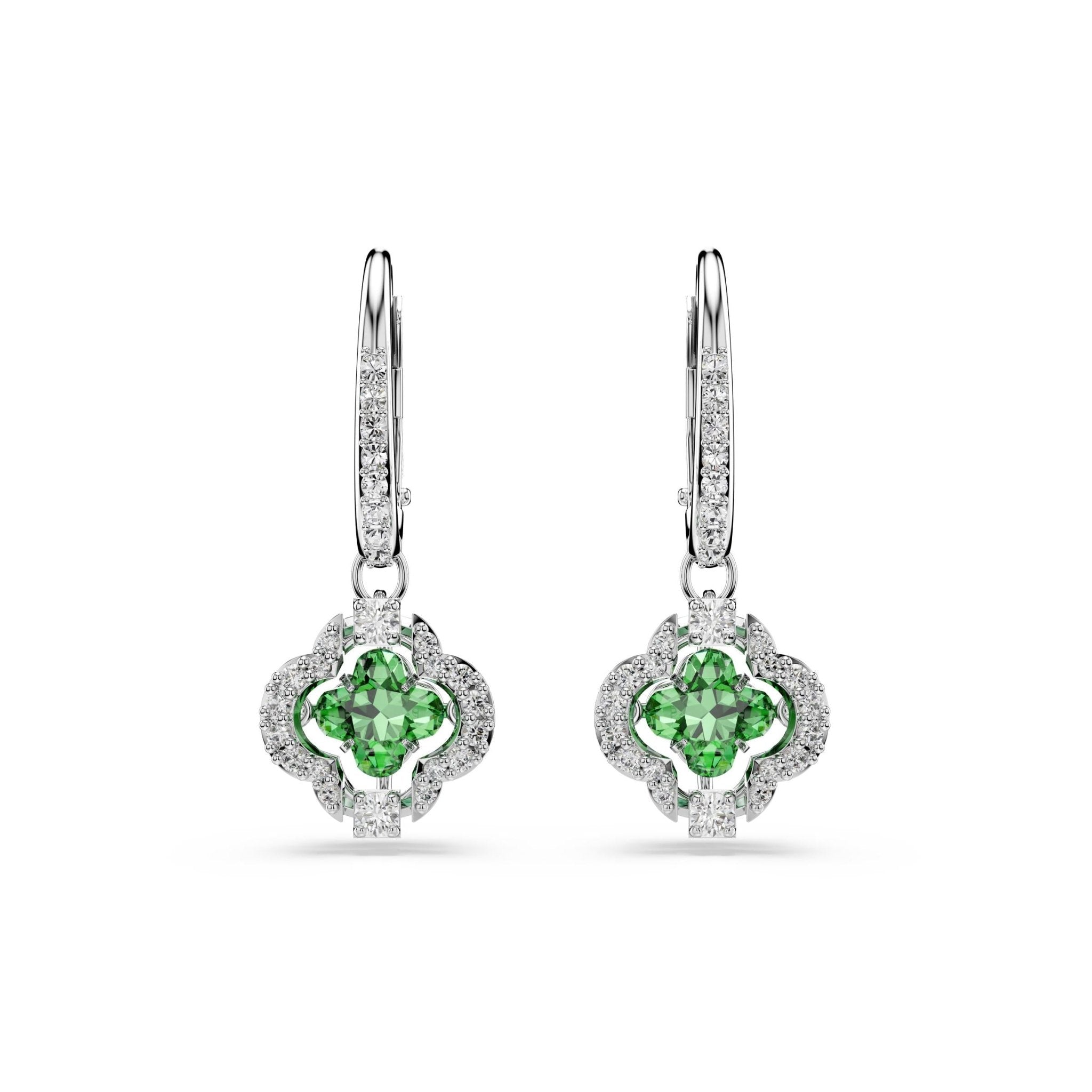 Una Angelic drop earrings, Mixed cuts, Green, Rhodium plated -Swarovski