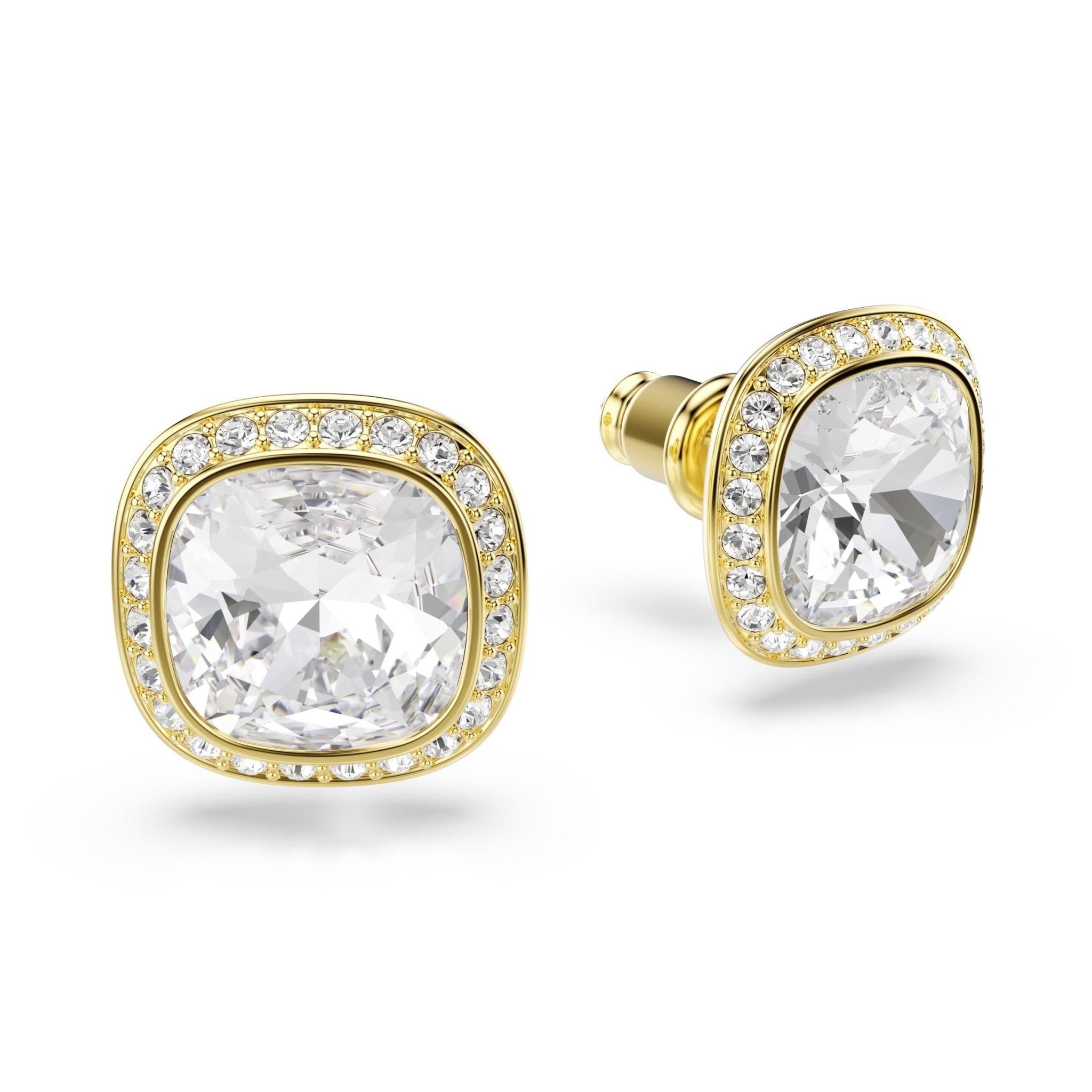 Una Angelic stud earrings, Cushion cut, White, 18K gold finish -Swarovski