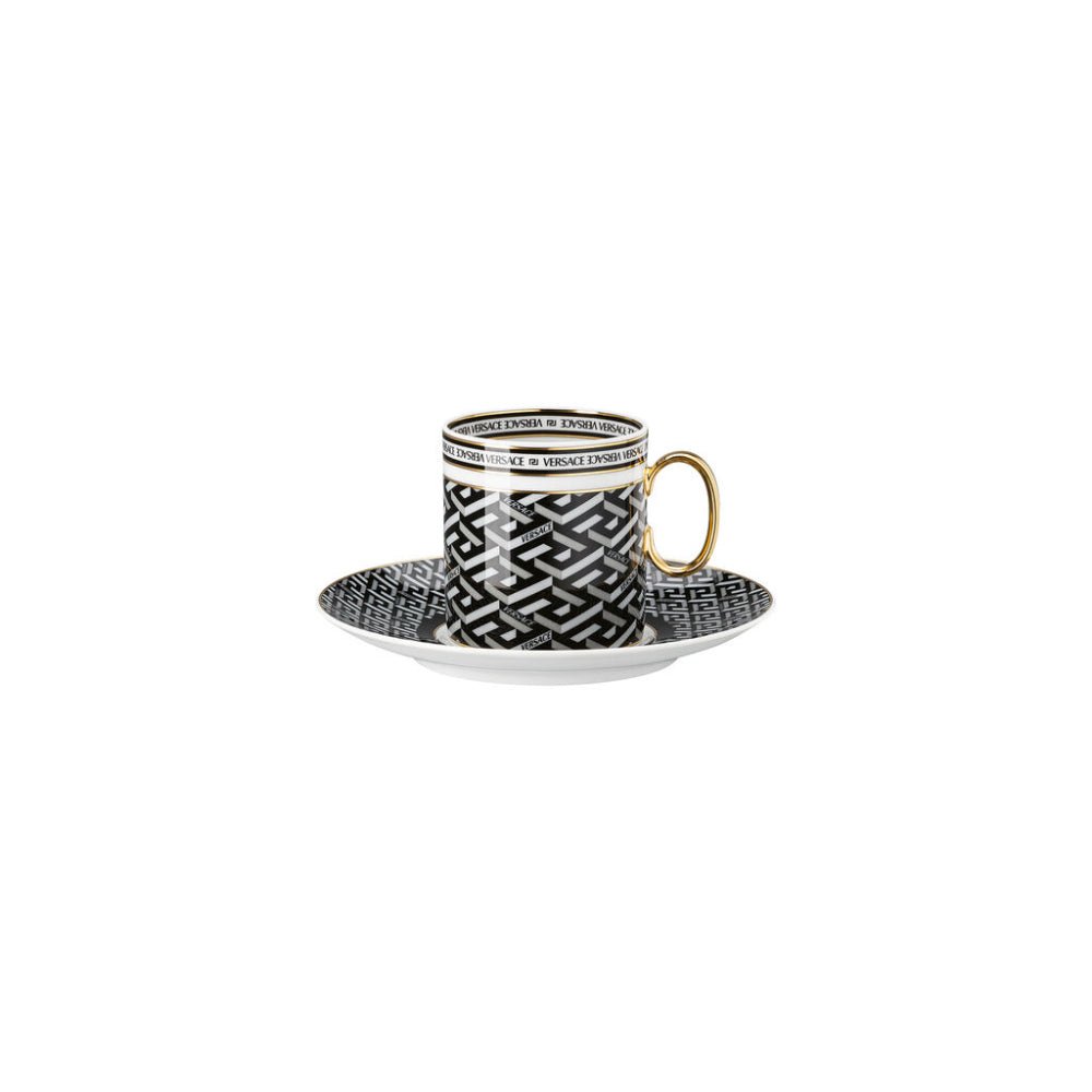 Versace Cup & Saucer 4 Tall La Greca Signature Black -Versace