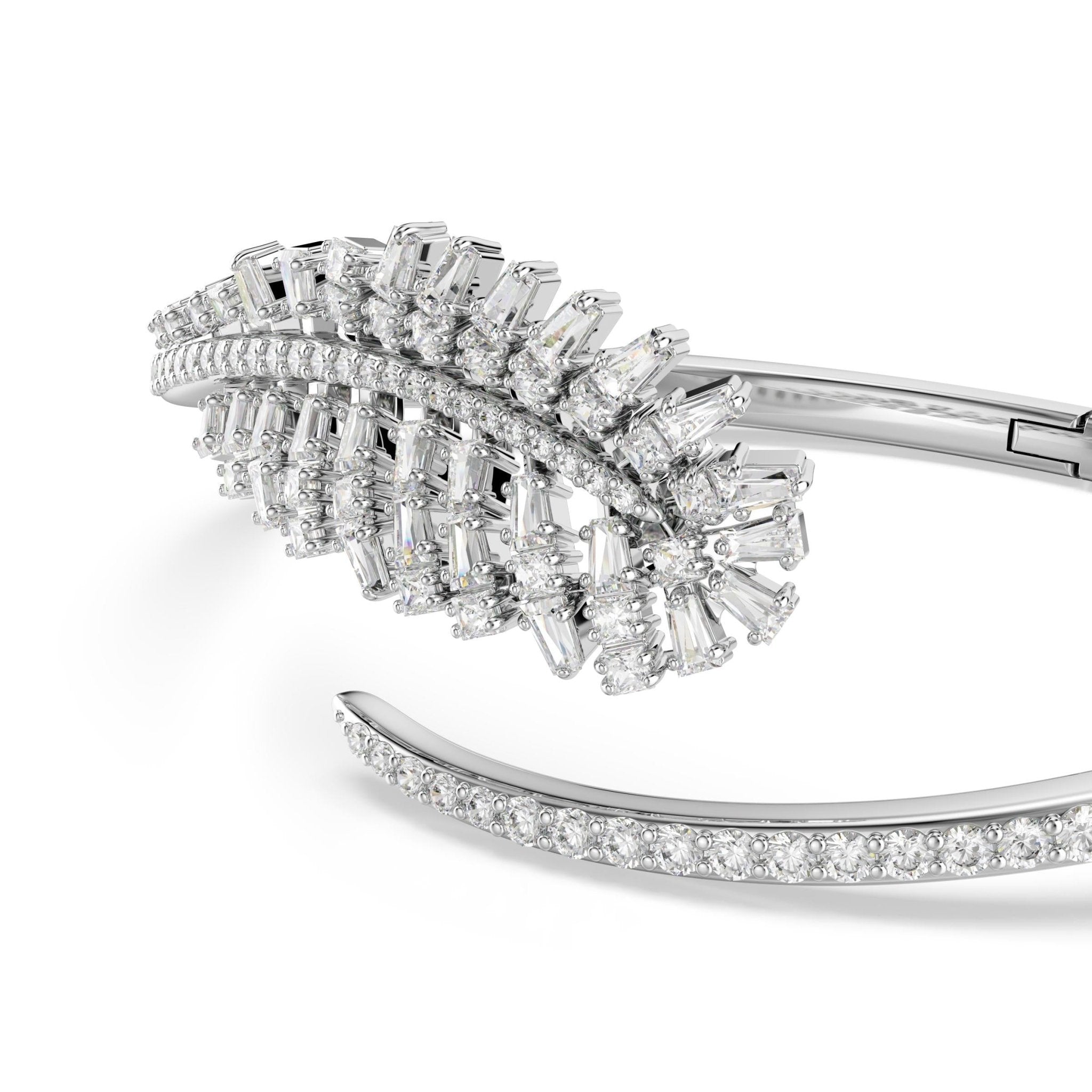 Vienna bangle, Mixed cuts, Feather, White, Rhodium plated -Swarovski