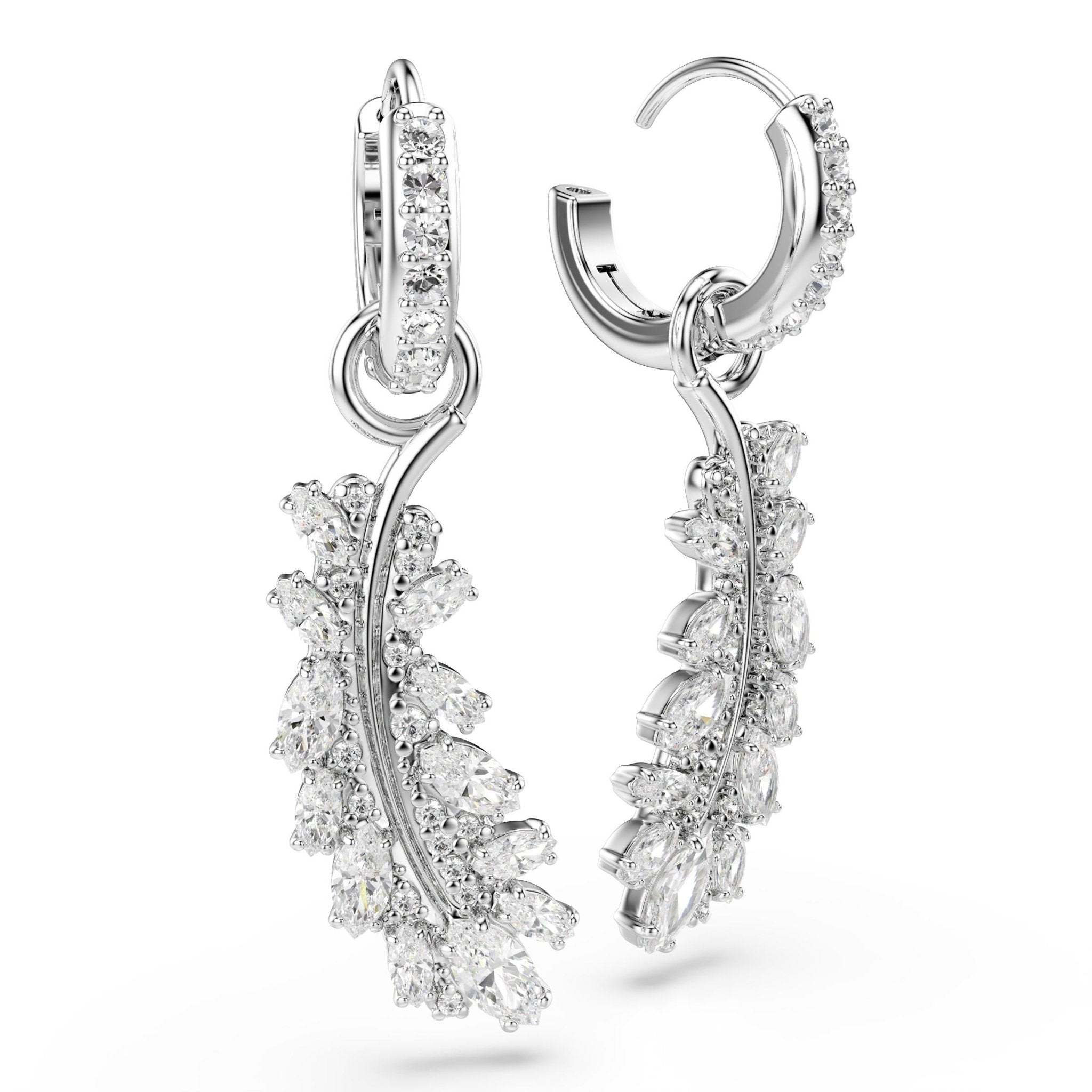 Vienna drop earrings, Mixed cuts, Feather, White, Rhodium plated - Swarovski