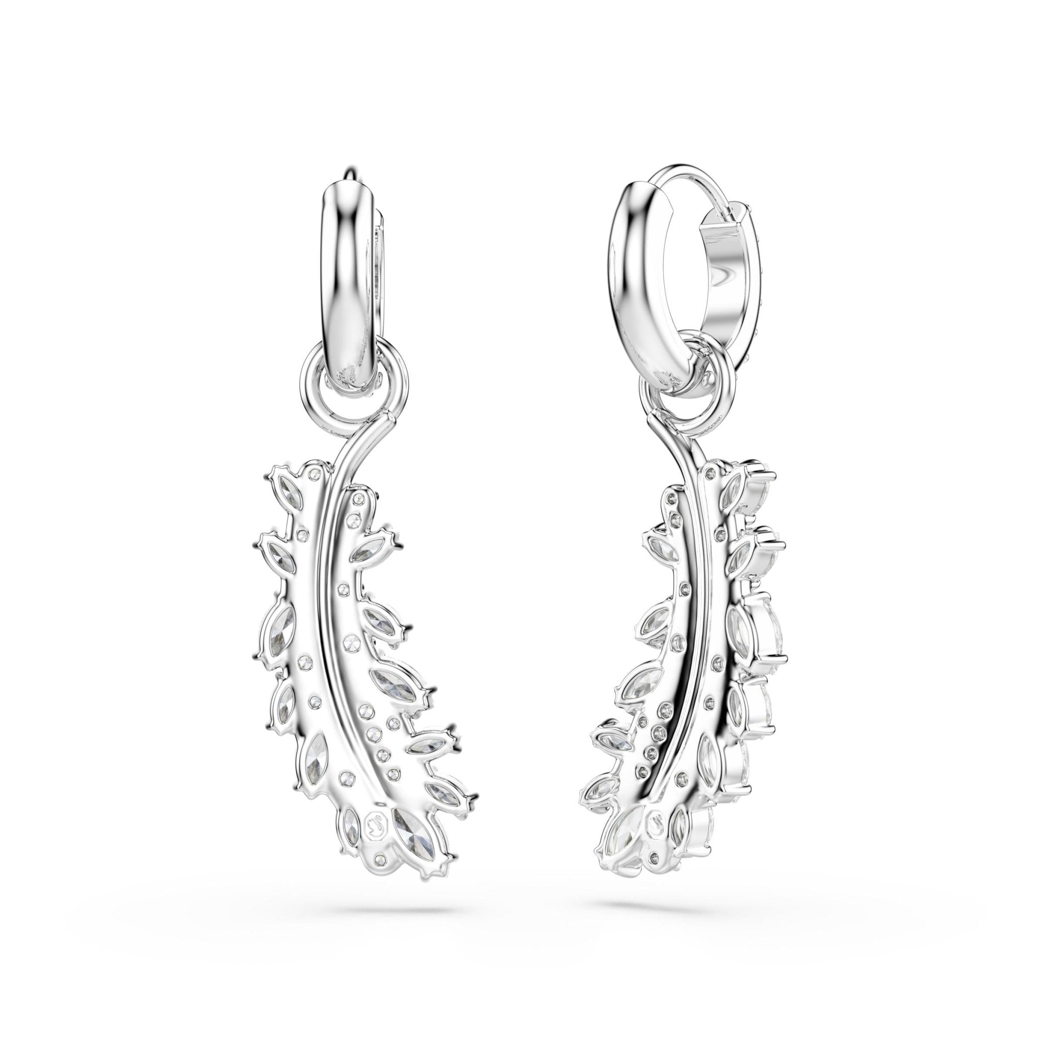 Vienna drop earrings, Mixed cuts, Feather, White, Rhodium plated - Swarovski