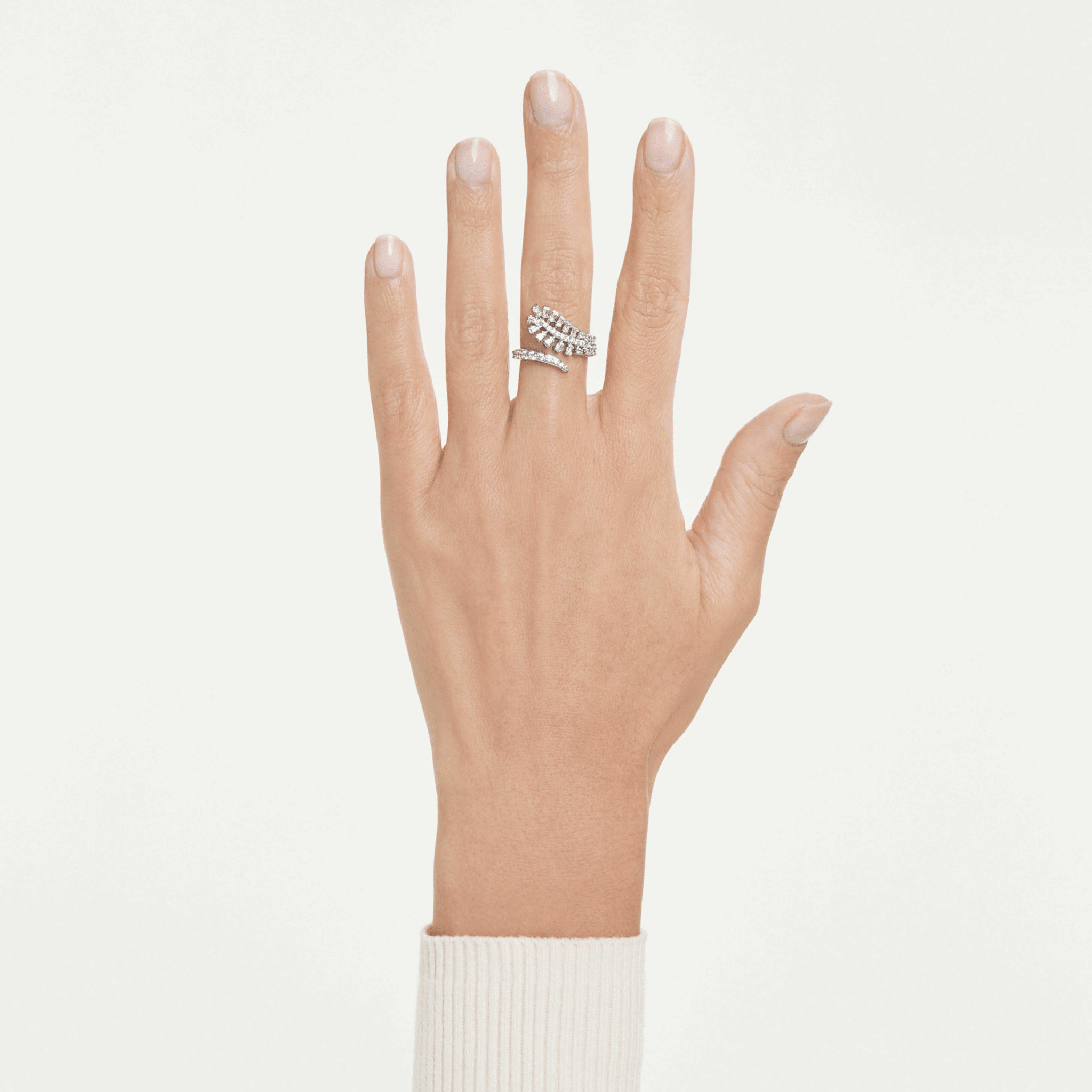 Vienna open ring, Mixed cuts, Feather, White, Rhodium plated -Swarovski