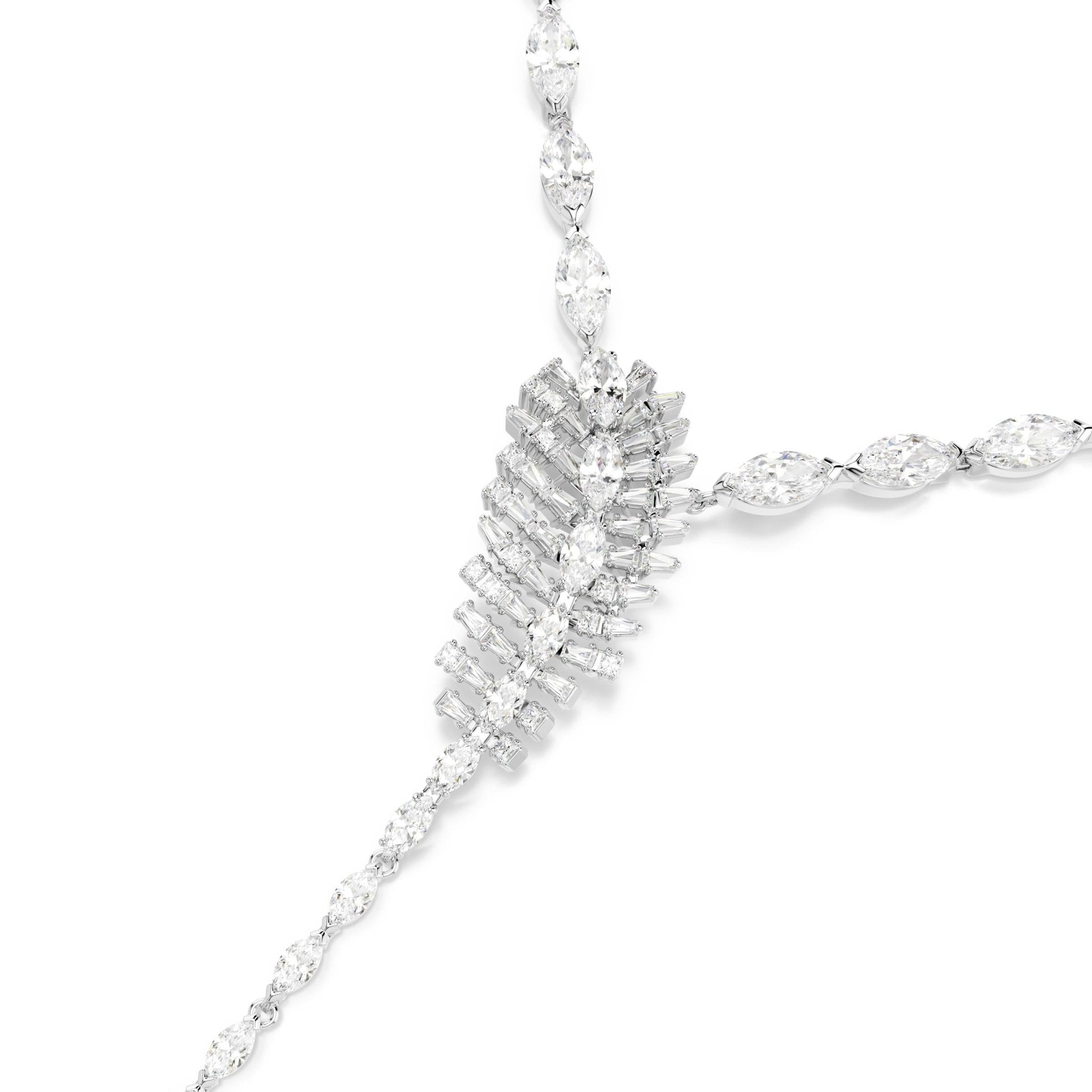 Vienna Y necklace, Mixed cuts, Feather, White, Rhodium plated -Swarovski