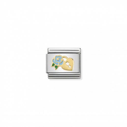 Blue rose charm with a padlock from Nomination Symbol collection, featuring detailed metalwork and vibrant blue color.