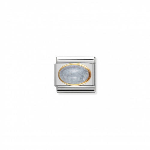 Nomination natural aquamarine stone jewelry featuring a polished, oval-shaped aquamarine gemstone set in a silver-toned design.