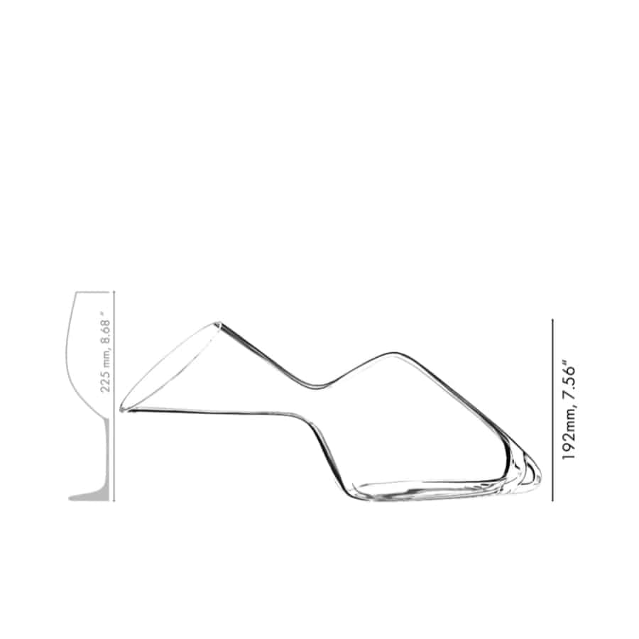 Riedel Tyrol decanter with a sleek glass design and wide opening for aerating wine, placed on a wooden surface