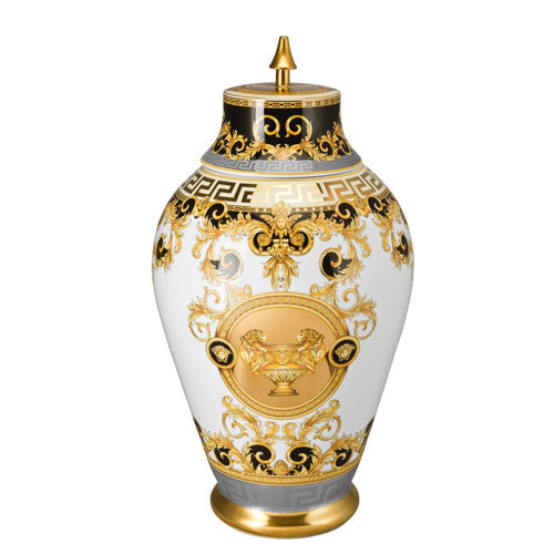Versace Prestige Gala vase with lid, elegant decorative glass vase featuring intricate design and luxurious finish.