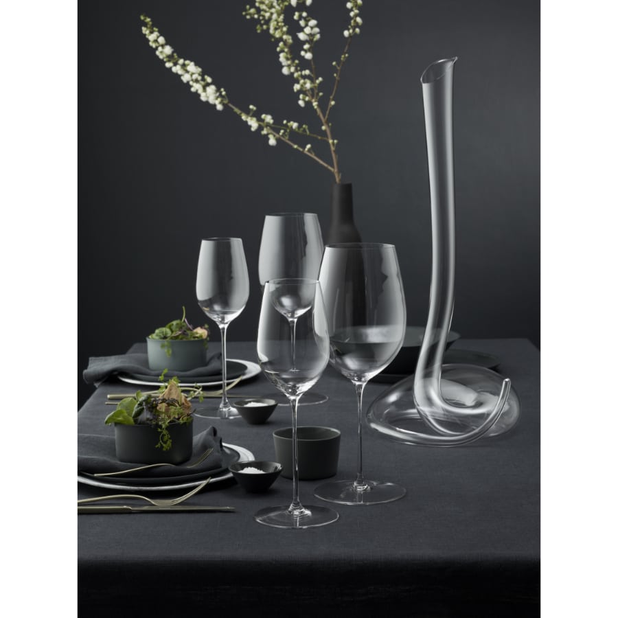 Riedel Decanter Eve in clear glass with elegant curved design and wide base for aerating wine.
