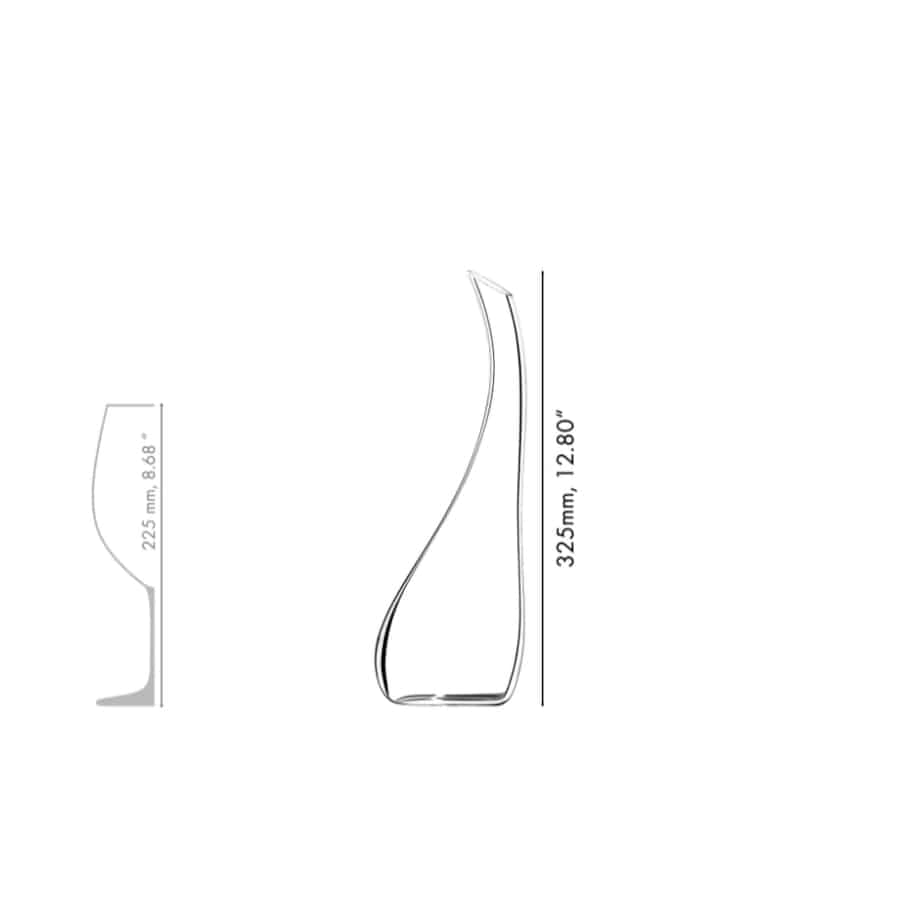 Clear Riedel Cornetto decanter with a sleek, curved design for wine aeration and serving, set against a neutral background.