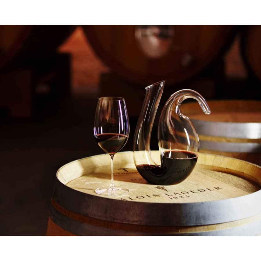 Riedel Decanter Ayam with elegant glass design for aerating and serving wine, showcasing a sleek, modern shape.