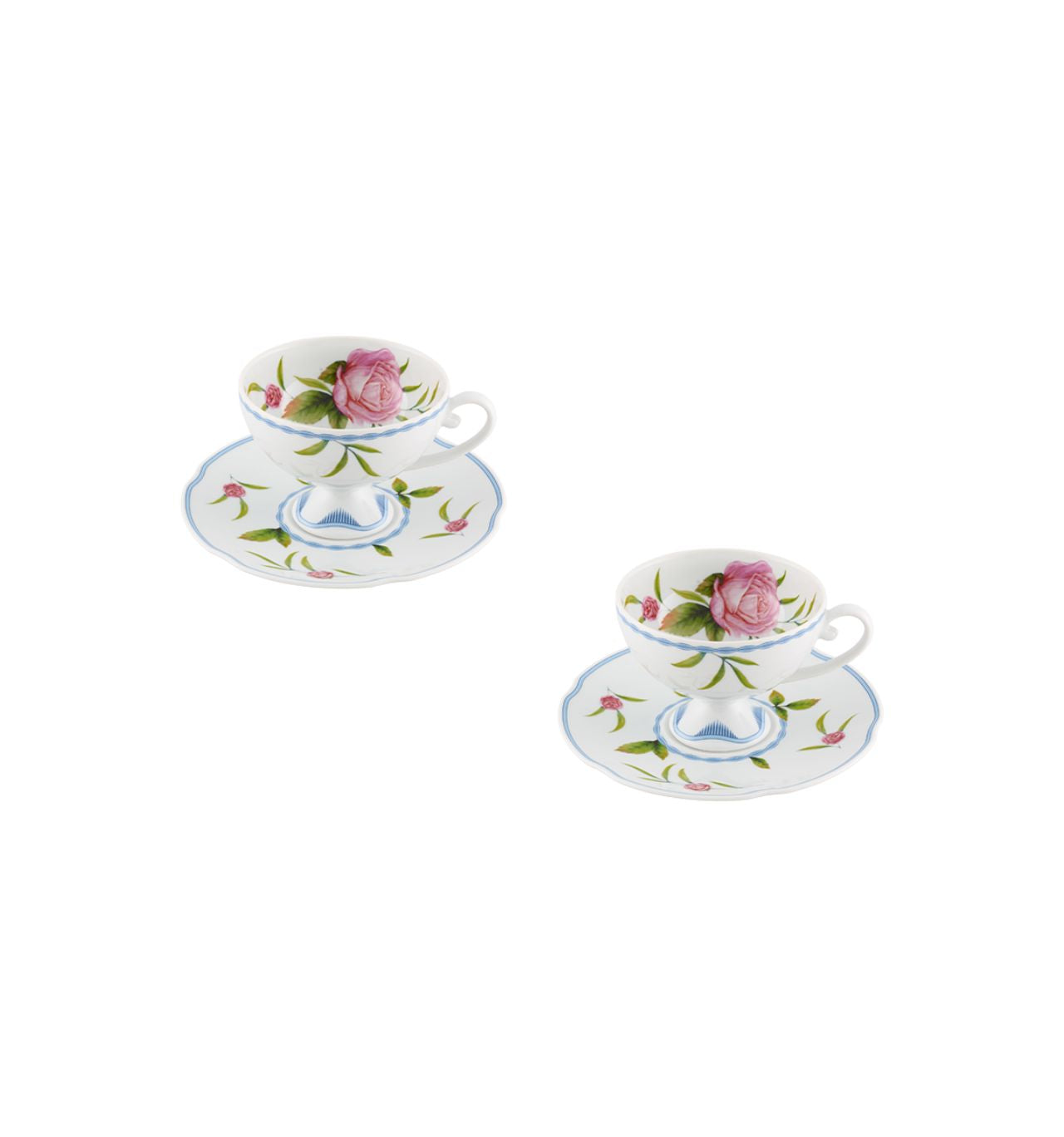 Two elegant tea cups with matching saucers from Atlantis Vista Alegre Bridgerton Set 2, featuring intricate floral designs.