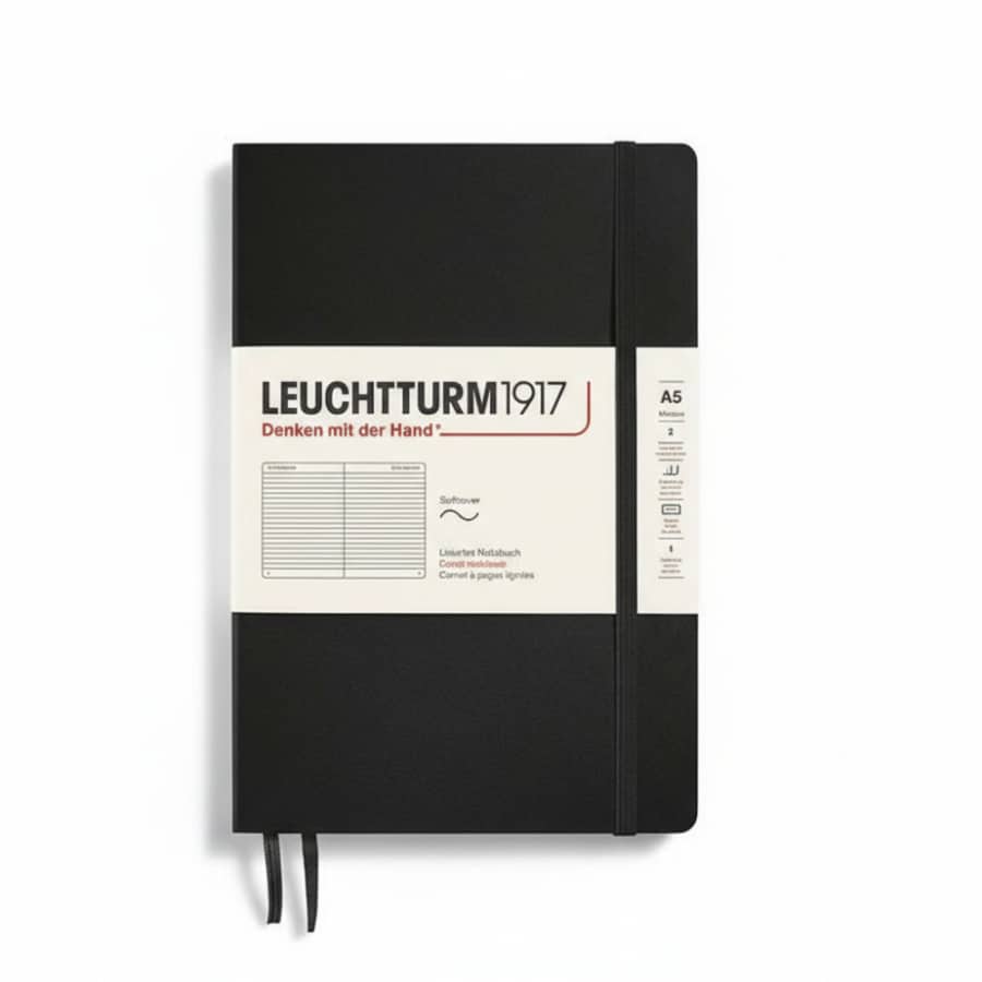 Leuchtturm1917 medium A5 softcover notebook with 123 ruled pages, ideal for writing and note-taking.