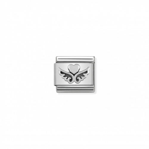 Nomination Symbol Heart with Wings charm in stainless steel and silver, featuring a heart and wing design on a jewelry piece.