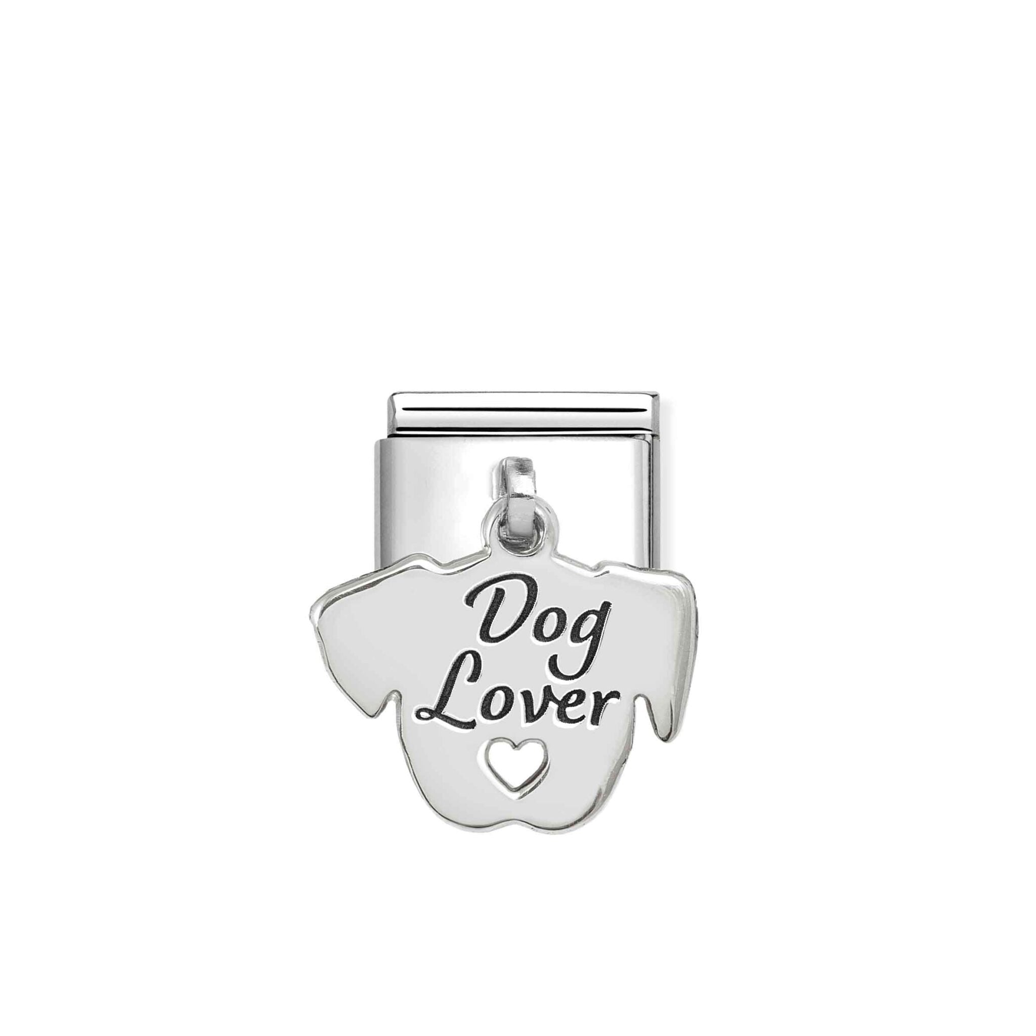 Nomination NOM Composable Dog Lover Plate in stainless steel and 925 silver with engraved dog design, hanging display.