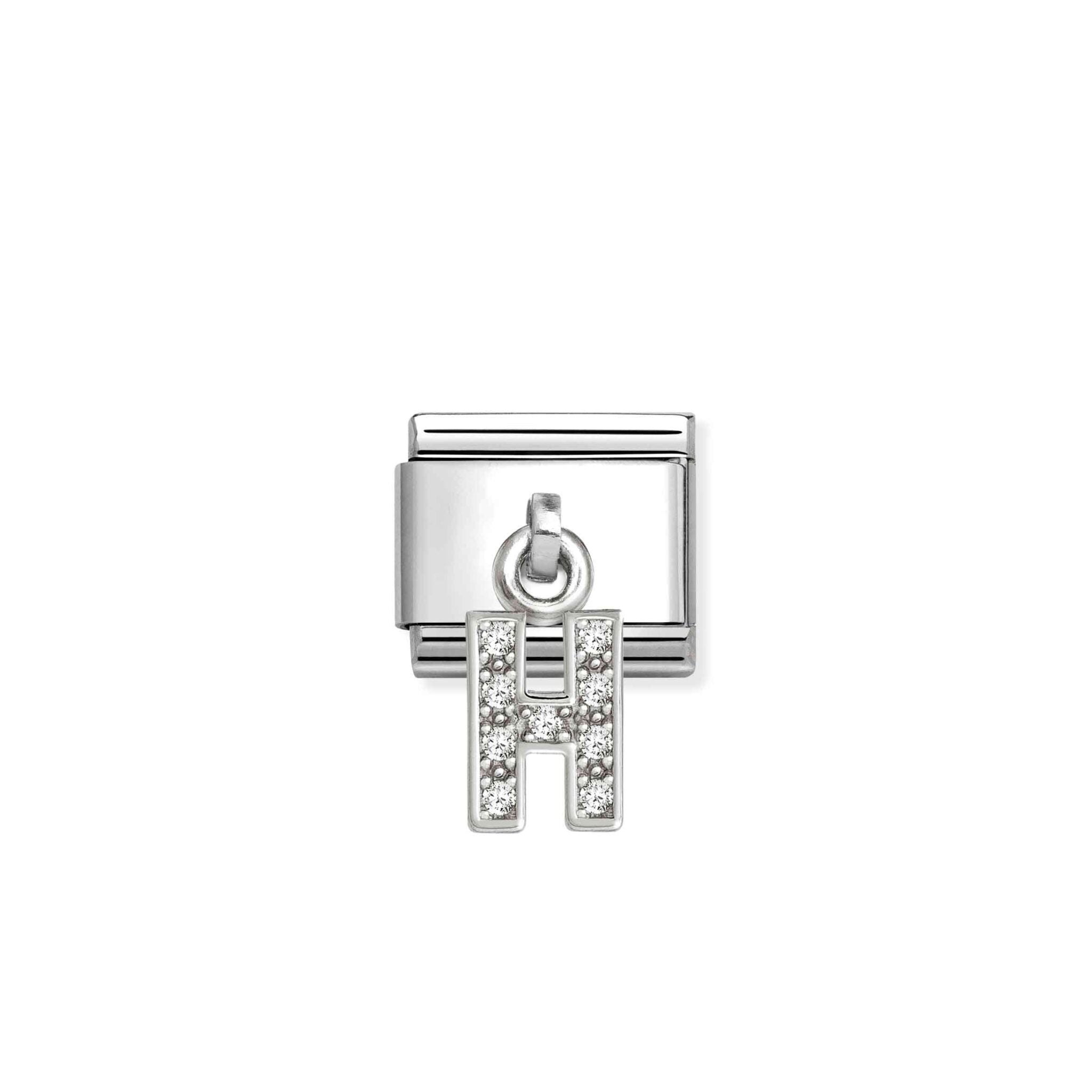 Nomination Composable Hanging Link with sparkling letter H in silver, featuring intricate design and polished finish.