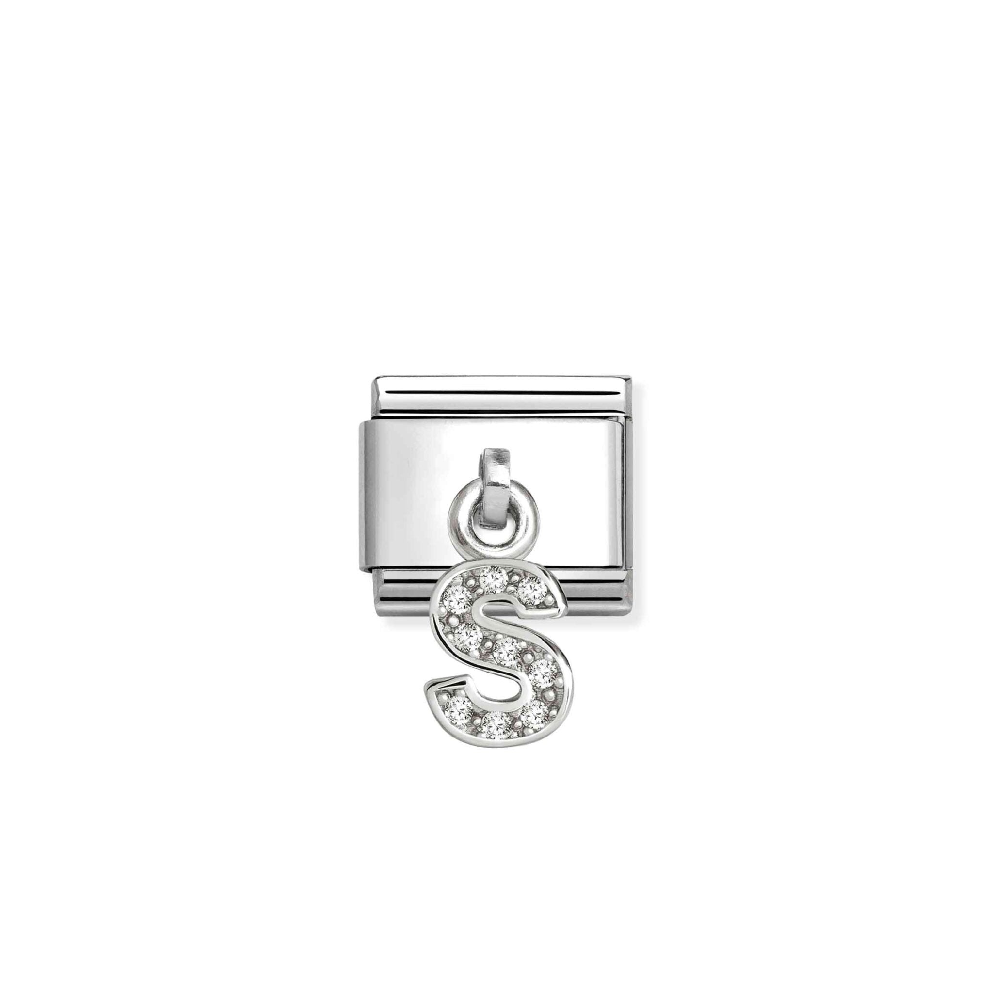 Sparkling Nomination Composable Hanging Link with letter S, elegant jewelry charm in silver with embedded crystals.