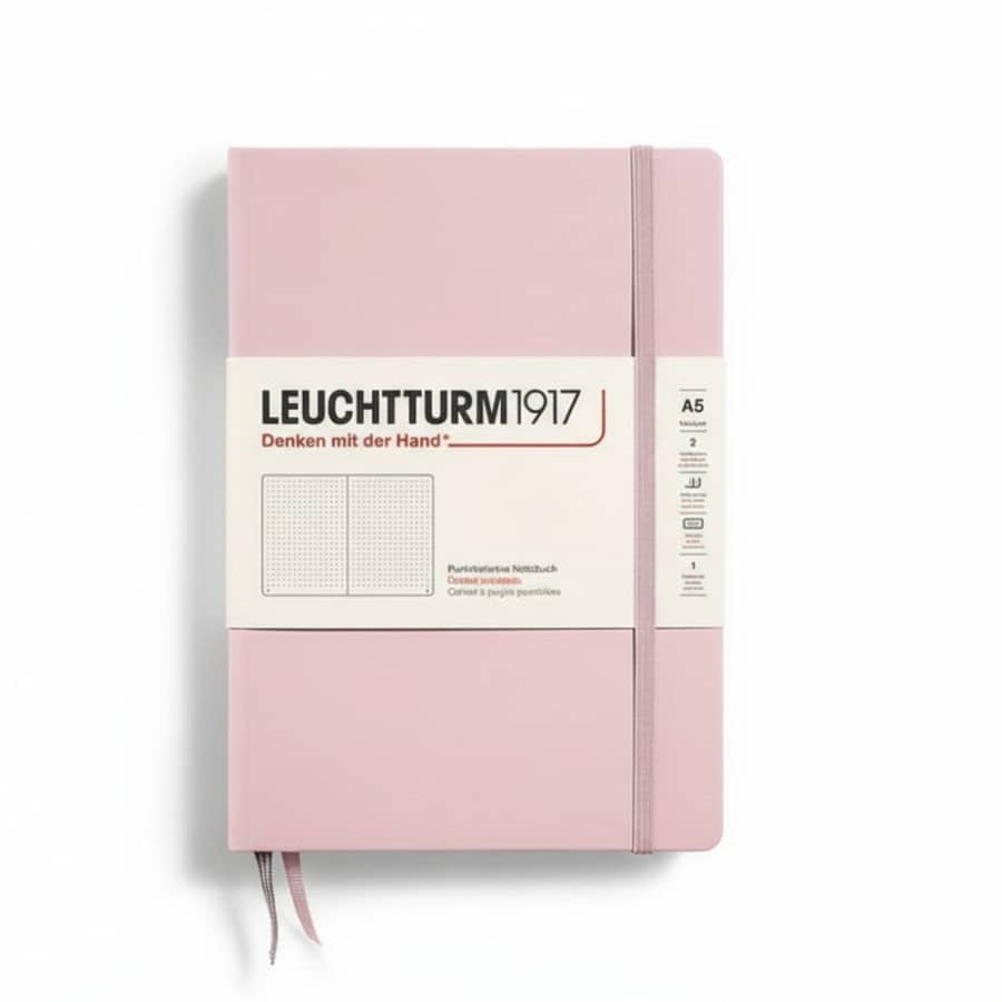 Leuchtturm1917 Medium hardcover dotted notebook with 251 numbered pages, A5 size, black cover, and elastic closure.