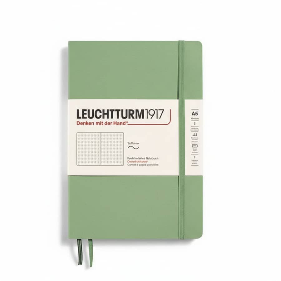 Leuchtturm1917 medium A5 dotted softcover notebook with 123 numbered pages, ideal for note-taking and journaling.