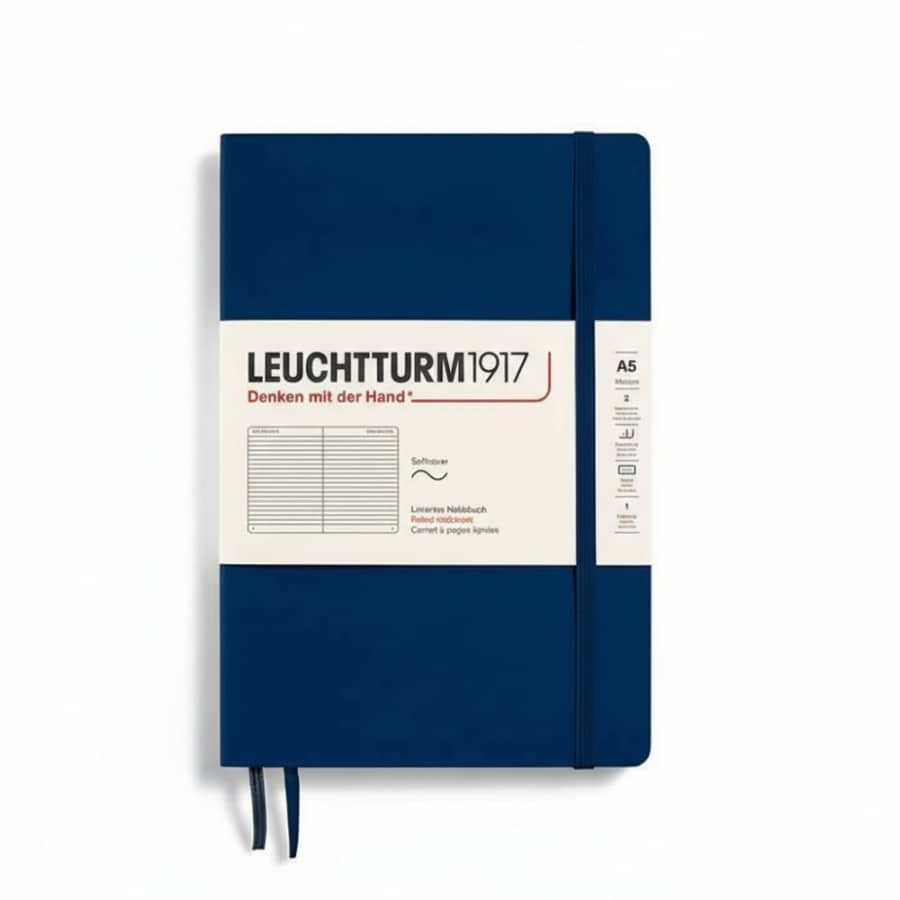 Leuchtturm1917 medium A5 softcover notebook with 123 ruled, numbered pages for note-taking and journaling.