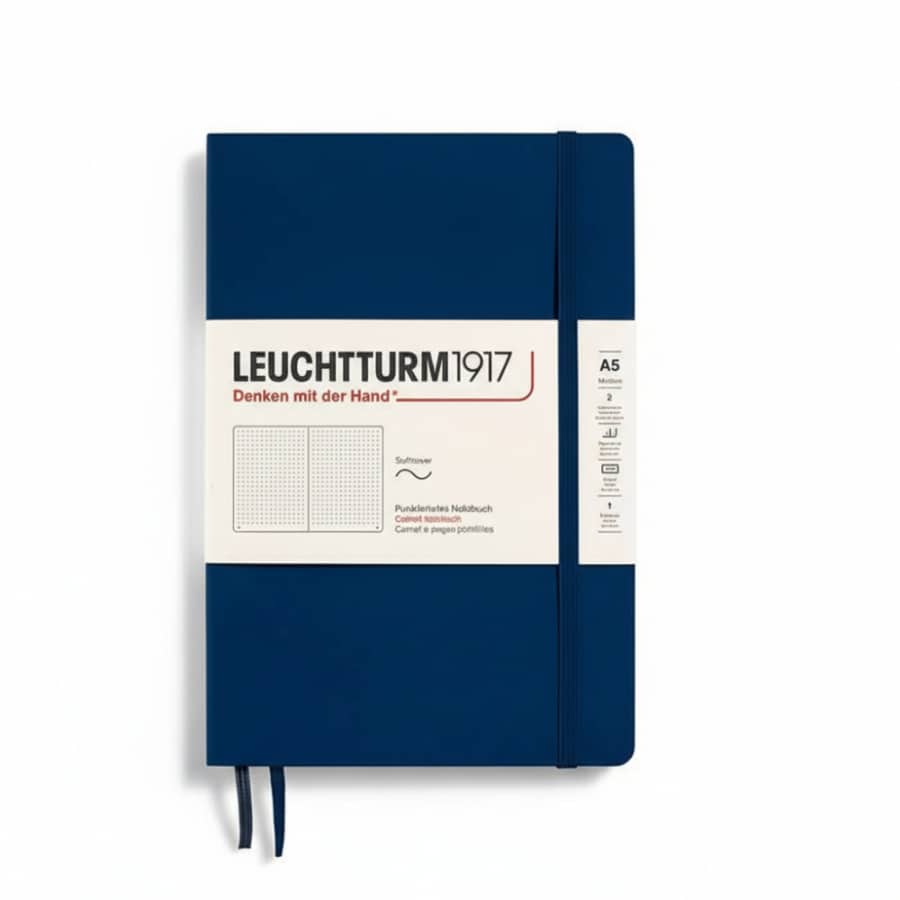 Leuchtturm1917 medium A5 dotted softcover notebook with 123 numbered pages, ideal for journaling and note-taking.