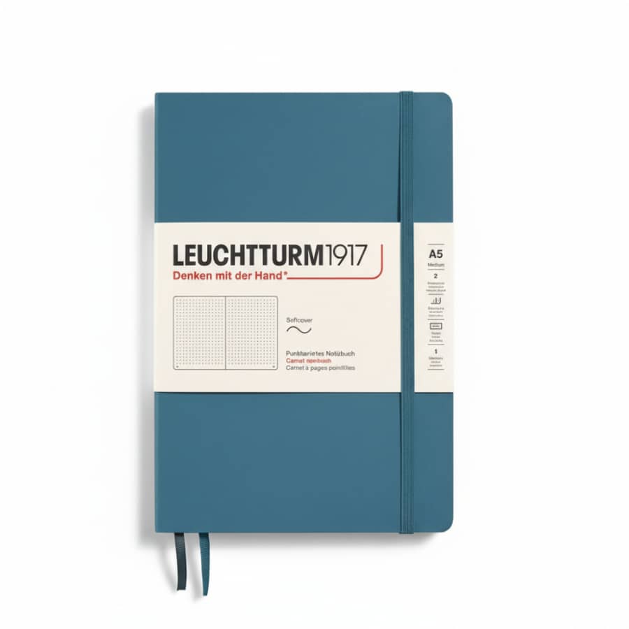 Leuchtturm1917 medium A5 dotted softcover notebook with 123 numbered pages, ideal for writing and note-taking.