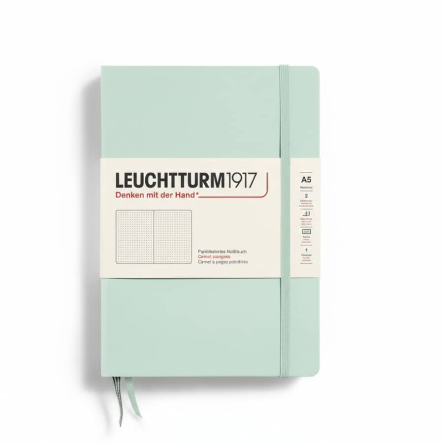 Leuchtturm1917 medium hardcover dotted notebook with 251 numbered pages, A5 size, ideal for writing and note-taking.