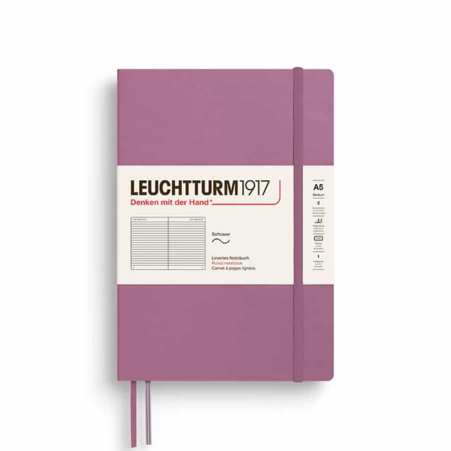 Leuchtturm1917 Medium A5 softcover notebook with ruled pages and 123 numbered sheets, ideal for journaling or note-taking.