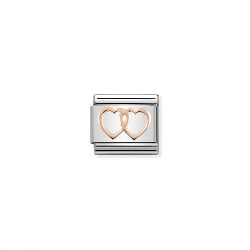 Gold double hearts charm by Nomination, featuring intricate design and polished finish, ideal for bracelet or necklace accessories.