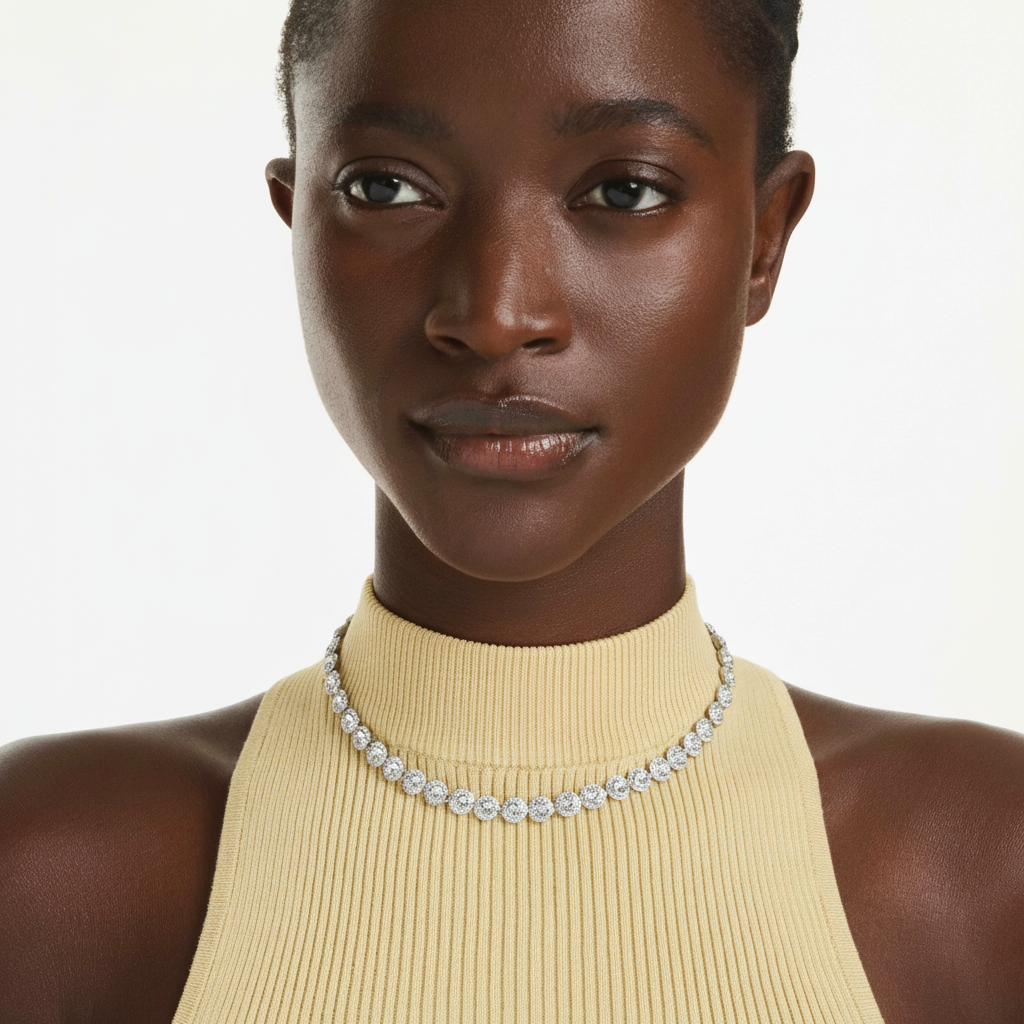 Swarovski Una Angelic tennis necklace with round cut white crystals and rhodium plated chain, elegant jewelry accessory