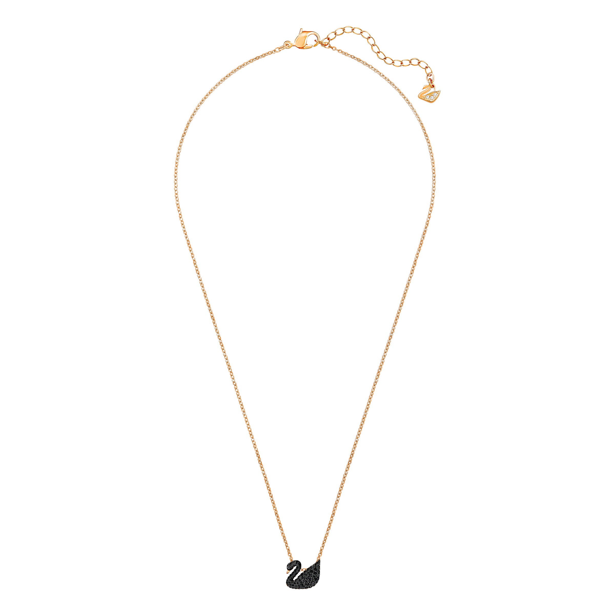 Small black Swarovski Swan pendant with rose gold-tone plating, featuring intricate detailing and elegant design.